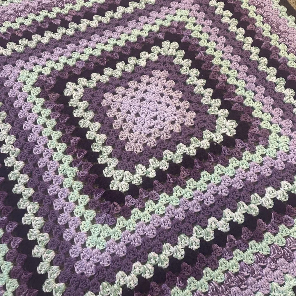 Crochet Granny Square Blanket Purple Mint Green Throw 44x44 Vintage Style